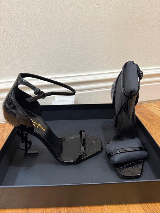 Saint Laurent Shoes - Saint Laurent Black Croc-Embossed Patent YSL Monogram Heels